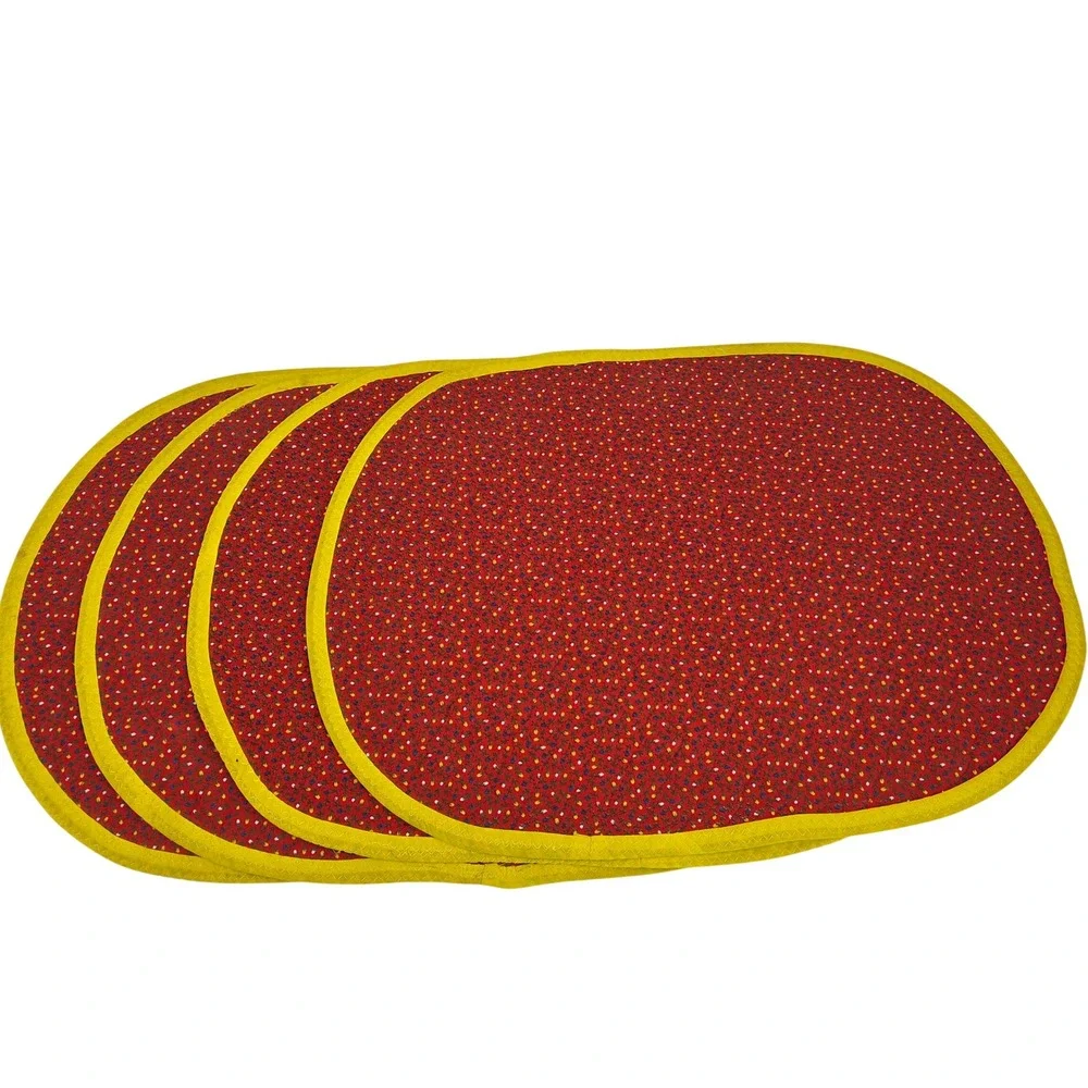 Handmade Vintage Reversible Oval Placemats Set of 4 Red Calico Floral Blue Denim